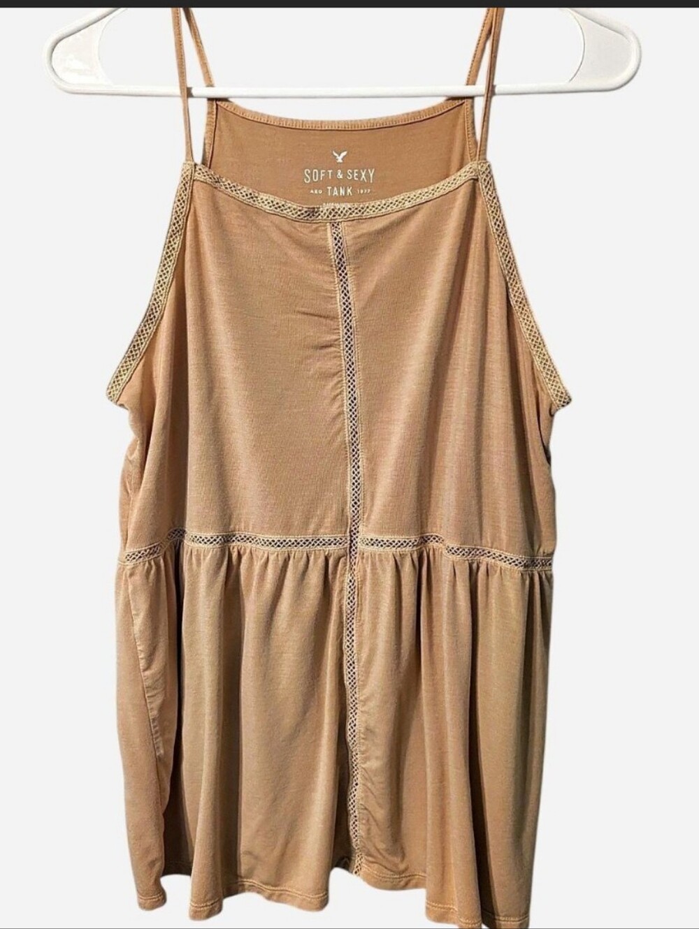 AE Soft & Sexy Babydoll Tank Soft Yellow/Tan Boho Crochet Detail, Size M
